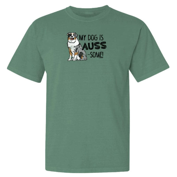 Green t-shirt with a dog illustration and text on a white background
