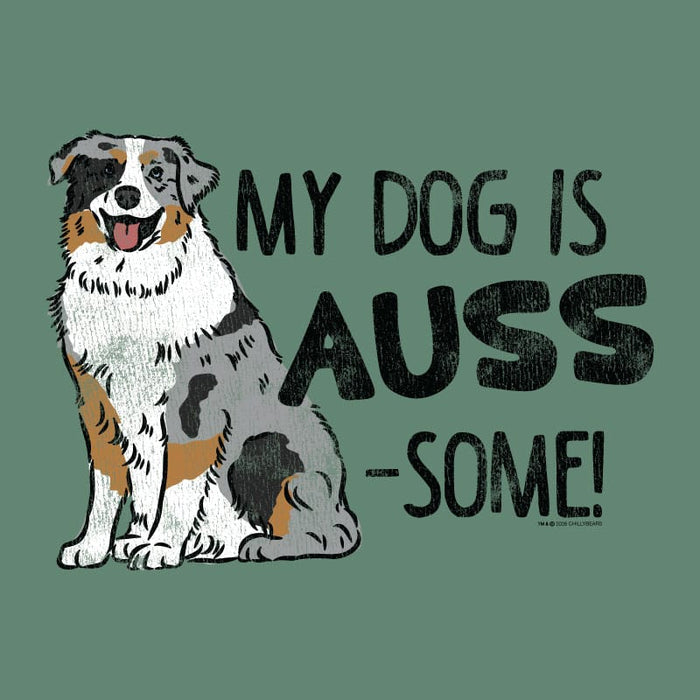 Illustration of a dog with 'My Dog is Auss-Some!' text on a green background