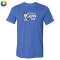 Blue t-shirt with a dog graphic and text on a white background