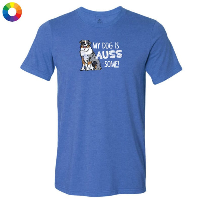 Blue t-shirt with a dog graphic and text on a white background