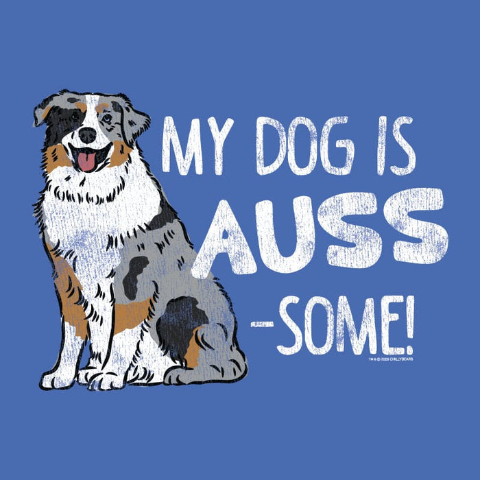 Dog illustration with 'My Dog is Auss-Some!' text on a blue background
