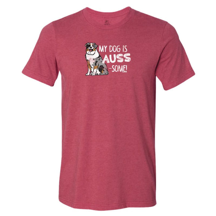 Red t-shirt with a dog graphic and text on a white background