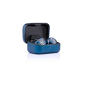 The Noble Audio Osprey Wireless In-Ear Headphones by Noble Audio, featuring a hybrid driver design and geometric blue pattern, rest in an open matching charging case against a white background.