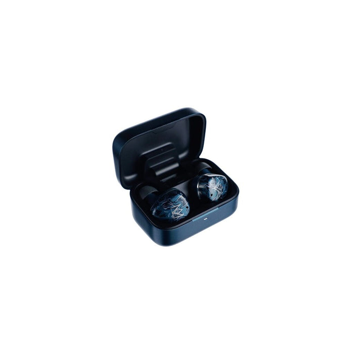 The Noble Audio Osprey Wireless In-Ear Headphones by Noble Audio are shown in an open black charging case, highlighting their intricate earbud designs and hybrid driver technology against a plain white background.