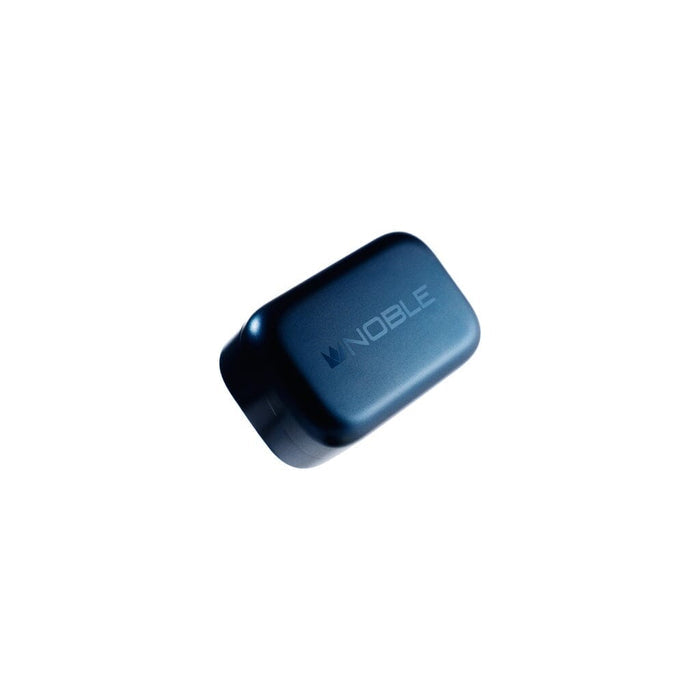 A sleek, rectangular, dark blue case embossed with "NOBLE" on top is shown against a white background, designed for the Noble Audio Osprey Wireless In-Ear Headphones by Noble Audio.
