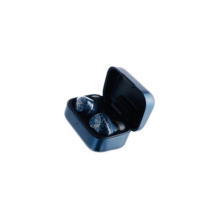 The Noble Audio Osprey Wireless In-Ear Headphones, featuring a decorative pattern, are shown inside an open, dark-colored charging case by Noble Audio against a white background.