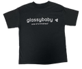 glassybaby one of a kindness in white font on a black t-shirt.