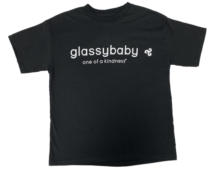 glassybaby one of a kindness in white font on a black t-shirt.