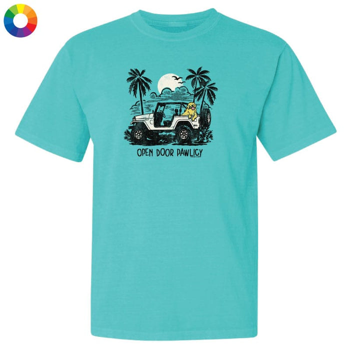 Turquoise t-shirt with a graphic of a jeep and palm trees on a white background
