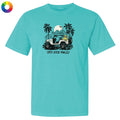 Turquoise t-shirt with a graphic of a jeep and palm trees on a white background