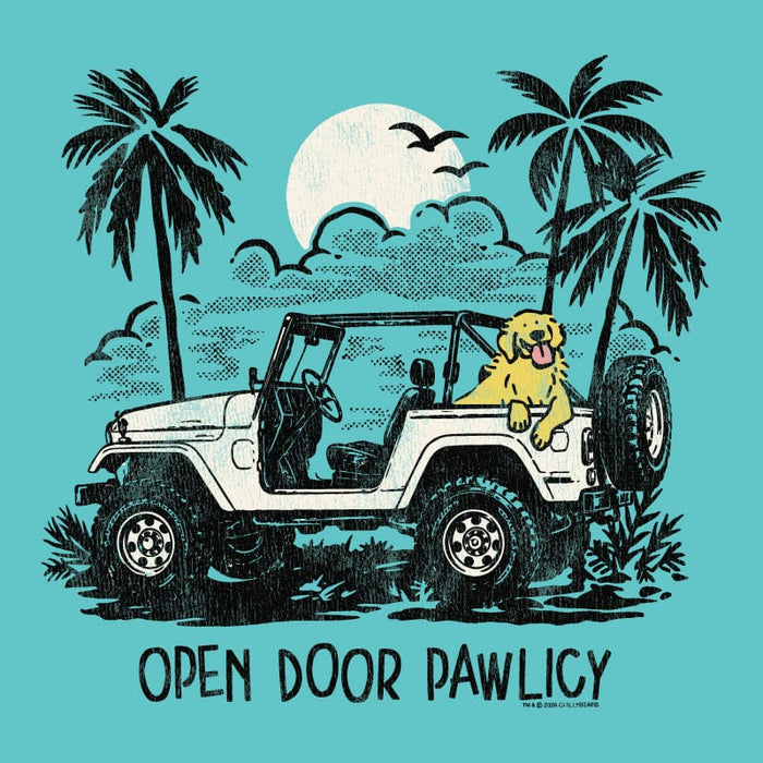 Illustration of a dog in an open-top jeep with palm trees and a moon in the background, featuring the text 'Open Door Pawlicy'.