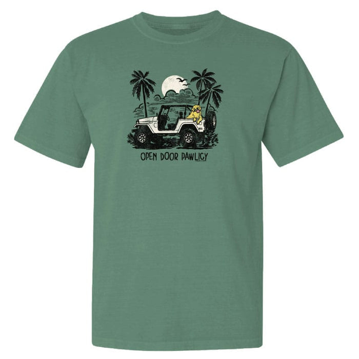 Green t-shirt with a graphic of a jeep and palm trees on a white background
