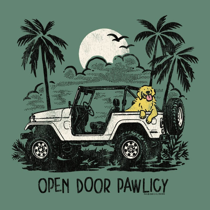Illustration of a dog in an open-top vehicle with palm trees and a moon in the background, featuring the text 'Open Door Pawlicy'.