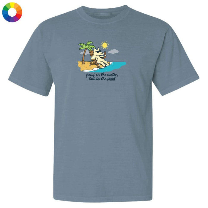Blue t-shirt with a beach graphic and text on a white background