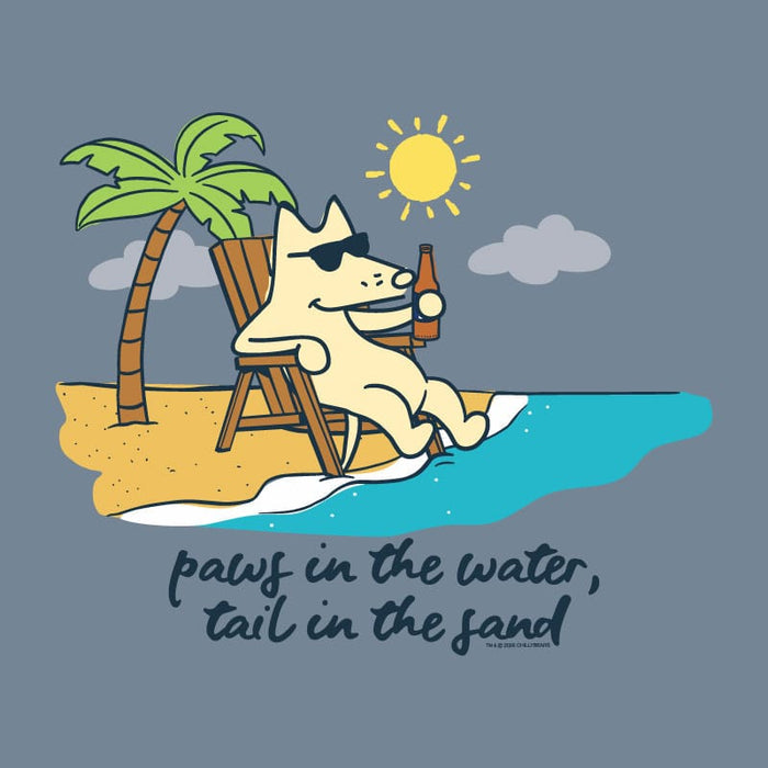 Cartoon dog in a beach chair with palm tree and sun, text 'paws in the water, tail in the sand'.
