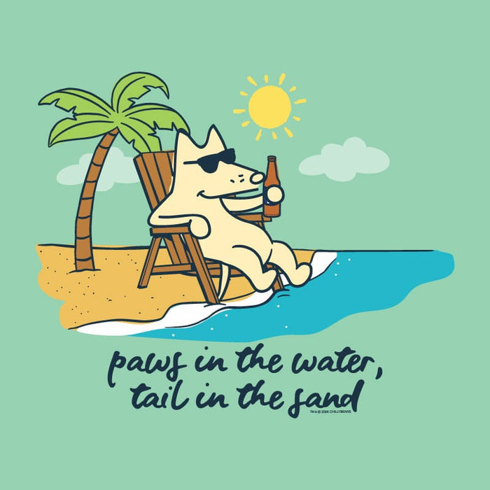 Cartoon dog relaxing on a beach with palm tree and ocean.