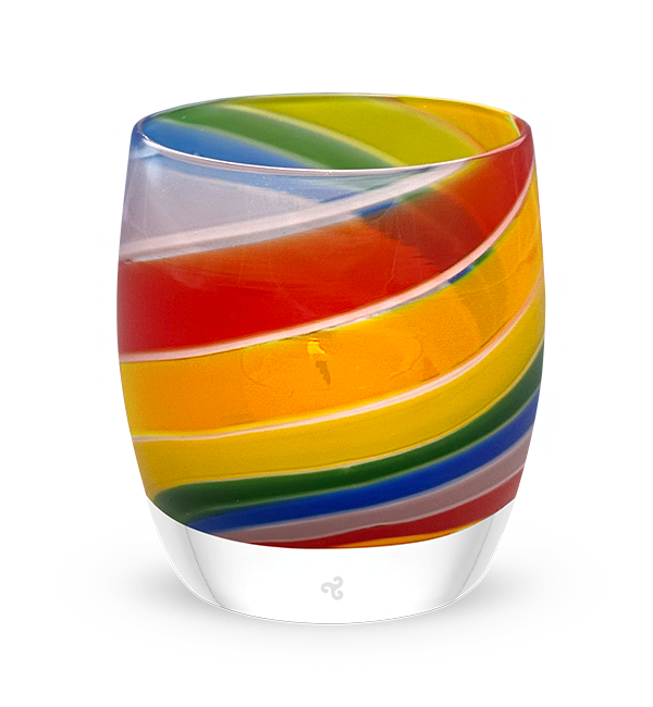 'pride' lit glassybaby with rainbow swirls, hand-blown glass candle holder.