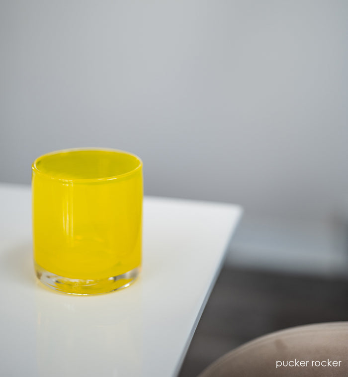 pucker rocker, bright yellow hand-blown lowball glass.