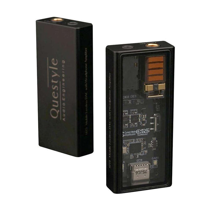 Two black rectangular Questyle M15 USB Portable DAC & Headphone Amplifiers are shown—one with a transparent side revealing hi-res audio components and a USB connector, the other displaying the Questyle logo, highlighting premium portable audio.