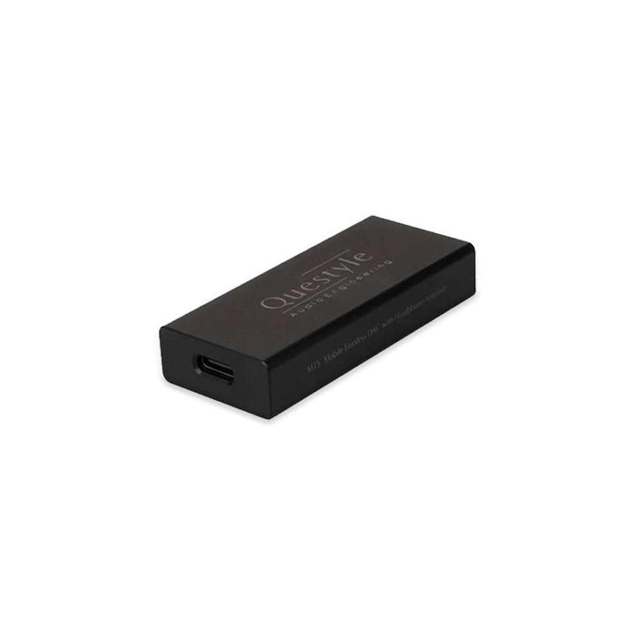 The Questyle M15 USB Portable DAC & Headphone Amplifier - Open Box is a sleek, black rectangular device with the Questyle logo on top and a USB-C port, offering premium hi-res audio for portable listening, shown against a plain white background.