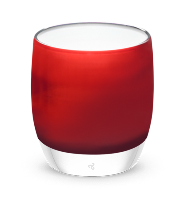 red delicious, bright red hand-blown glass candle holder with a stark white interior.