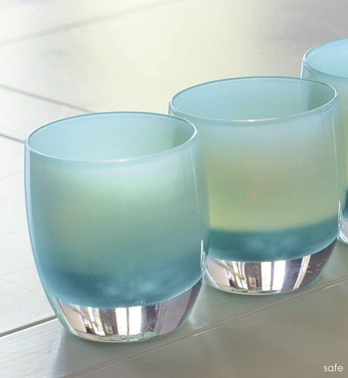 safe bright teal blue hand-blown glass votive candle holder