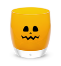 sassy bright orange yellow hand-blown glass votive candle holder. etched with black jack'o lantern face