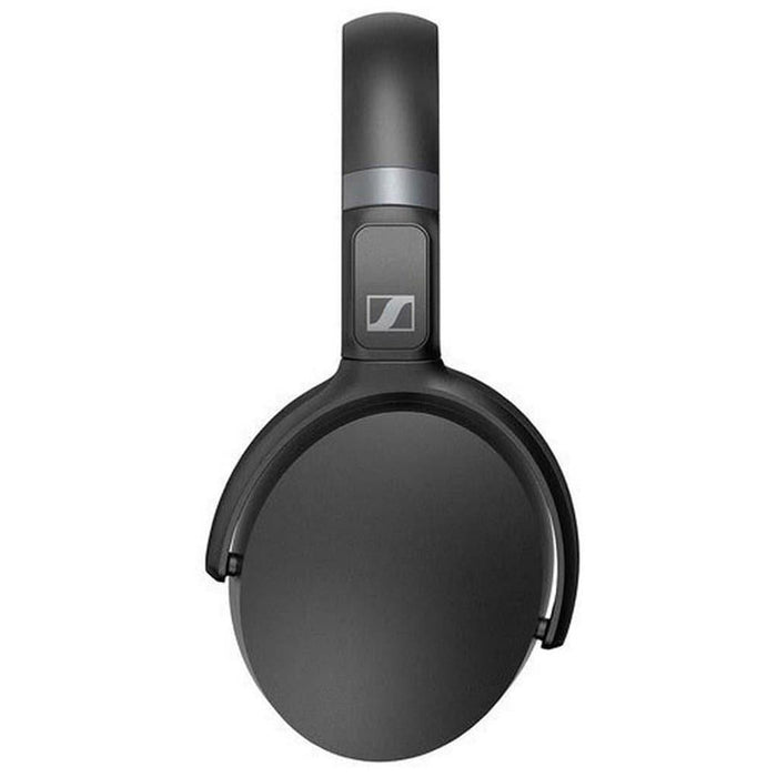 The Sennheiser HD 450BT Headphones are black over-ear headphones with a minimalist, modern design, featuring the Sennheiser logo on the headband hinge and delivering exceptional sound quality.