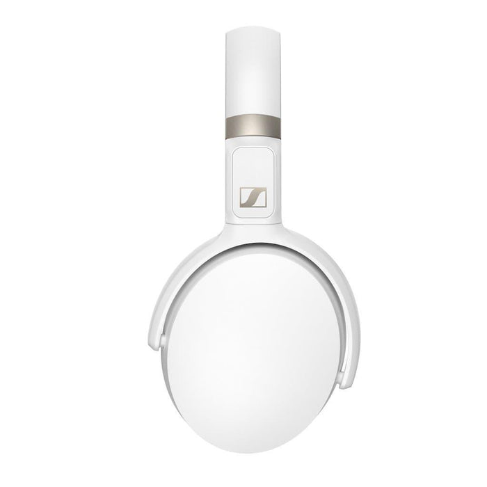 The Sennheiser HD 450BT wireless over-ear headphones in white feature a minimalist design, metallic accent on the adjustable headband, and active noise cancellation for superior sound quality.