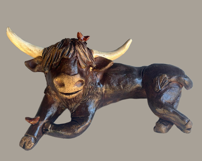 Shaggy Bull with Red Birds ...9" long 5"t