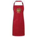 A red bib apron with a neck strap and waist loop, featuring a central graphic of a golden retriever surrounded by sunflowers and the text 'JERSEY RETRIER' underneath, shown against a plain white background.