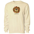 A cream-colored crewneck sweatshirt featuring a graphic of a dog's face surrounded by autumn leaves and sunflowers, with the text 'smells like fall' printed below.