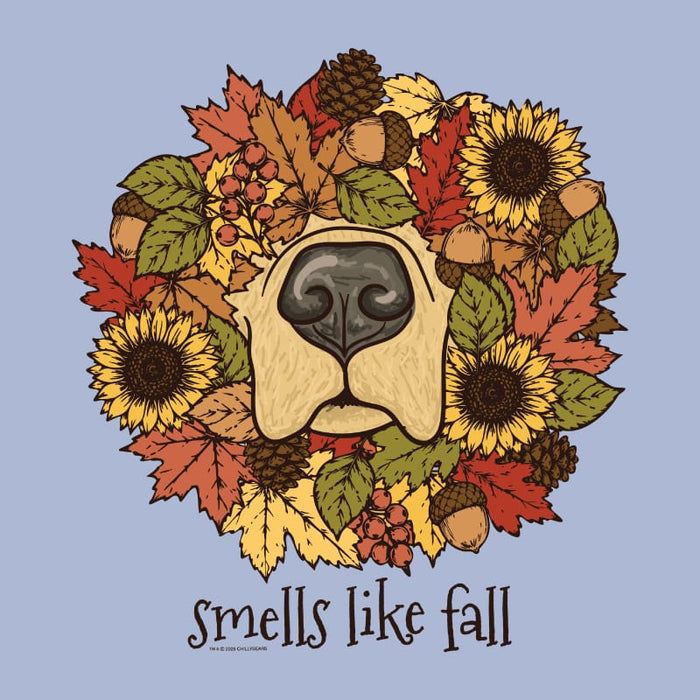 A circular autumn wreath illustration featuring a dog nose at the center, surrounded by sunflowers, maple leaves, acorns, pinecones, and berries, with the text 'smells like fall' below on a light blue background.