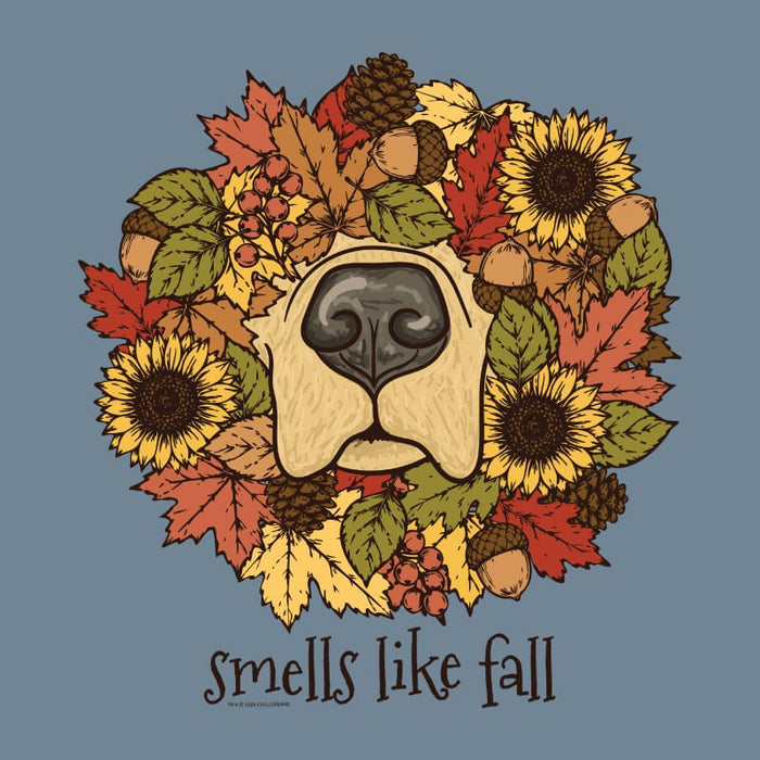 A circular autumn wreath illustration featuring a dog nose at the center, surrounded by sunflowers, fall leaves, acorns, pinecones, and berries, with the text 'smells like fall' below on a muted blue-gray background.