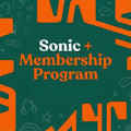 Text reading Sonic+ Membership from Headphones.com appears on a green background with orange abstract shapes and icons like headphones, stars, and chat bubbles, highlighting audio membership benefits and community perks.