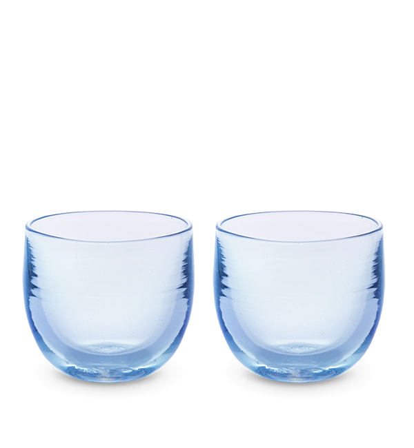 sparking water drinker set, two transparent light sky blue, hand-blown drinking glass.