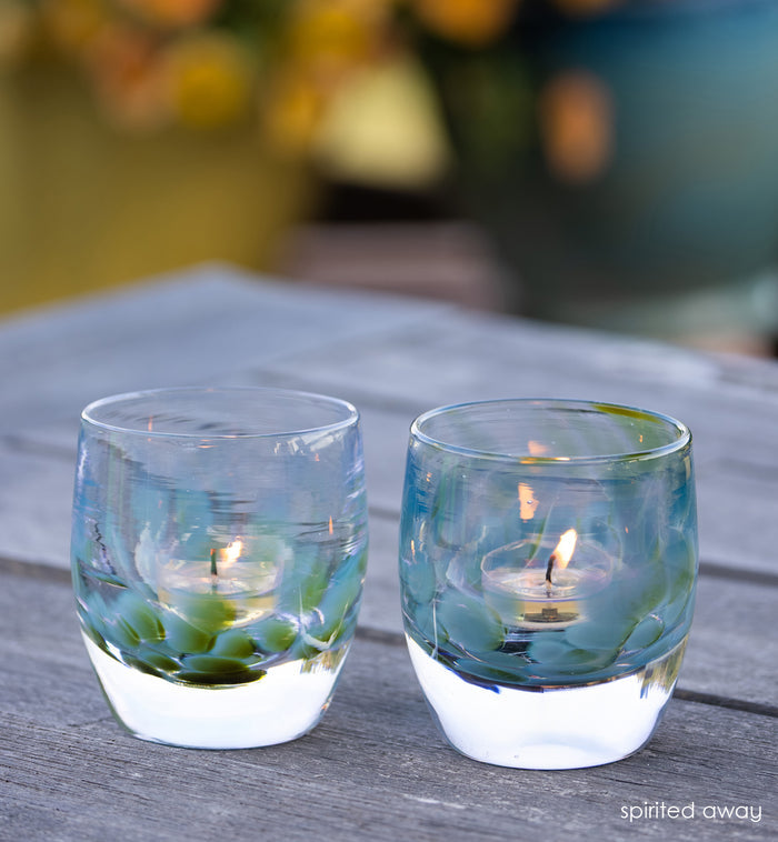 two spirited away, clear with blue green spots hand-crafted glass votive candle holders