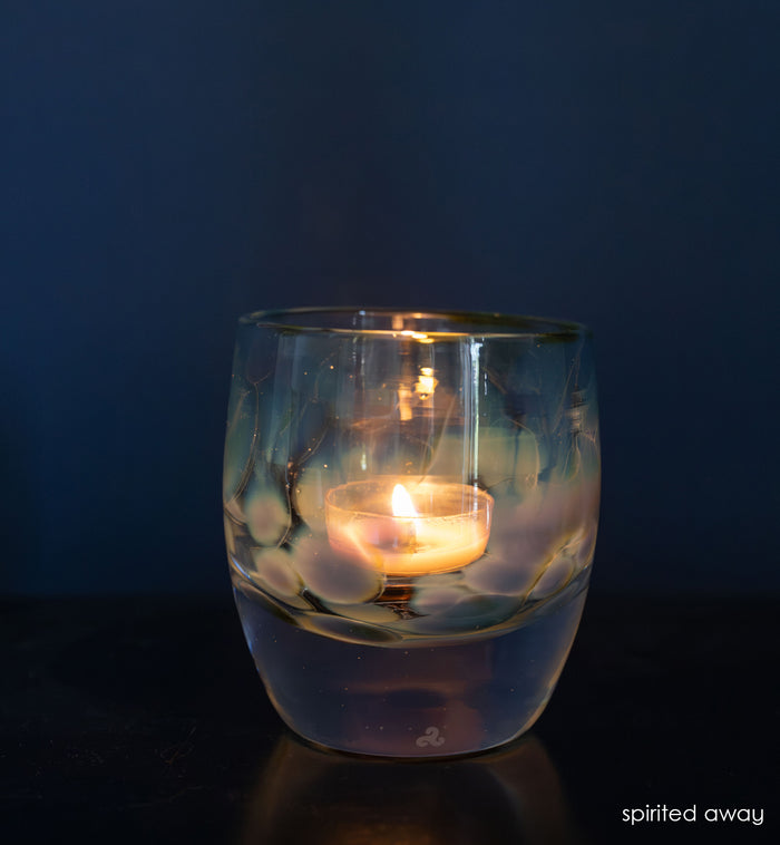 spirited away clear with blue green spots hand-crafted glass votive candle holder