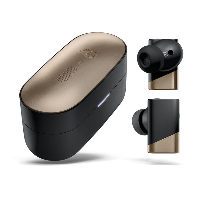 Matte black and gold Status Audio Pro X True Wireless earbuds from the exclusive GoldenSound Edition, featuring angled tips and shown with a matching compact charging case on a white background—part of the limited-edition collection by Status Audio.