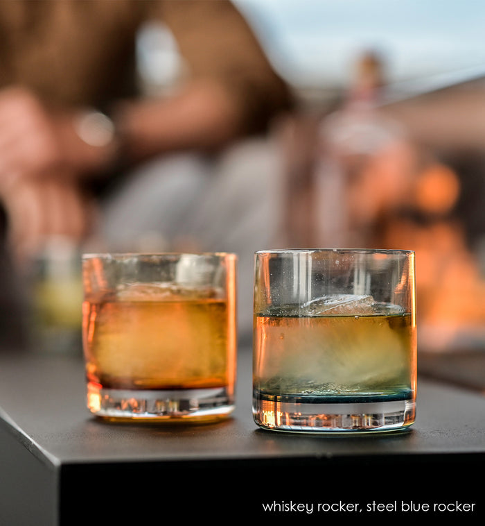 steel blue rocker, translucent gray blue, hand-blown lowball drinking glass. Paired with whiskey rocker.