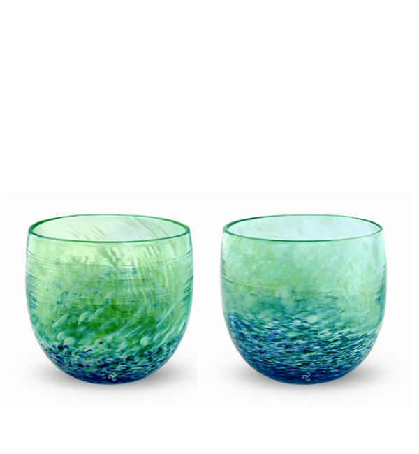 two SUNDAY drinkers, blue green and white swirl hand-blown drinking glasses
