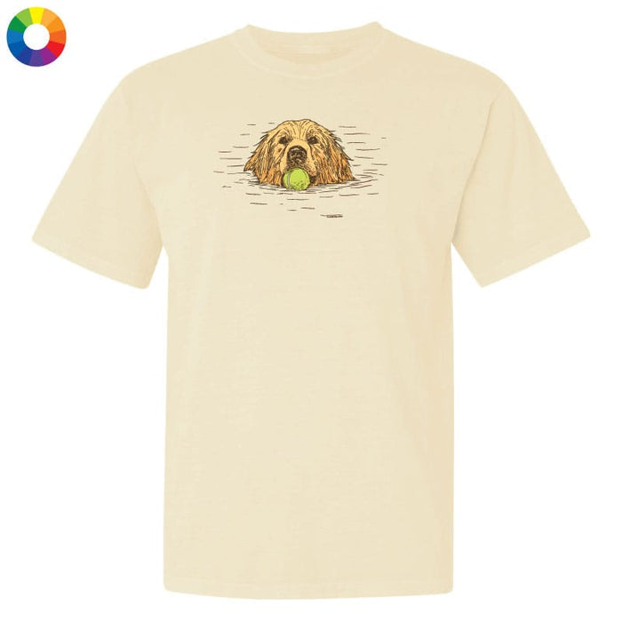 Natural shirt with a dog swimming with a tennis ball in its mouth