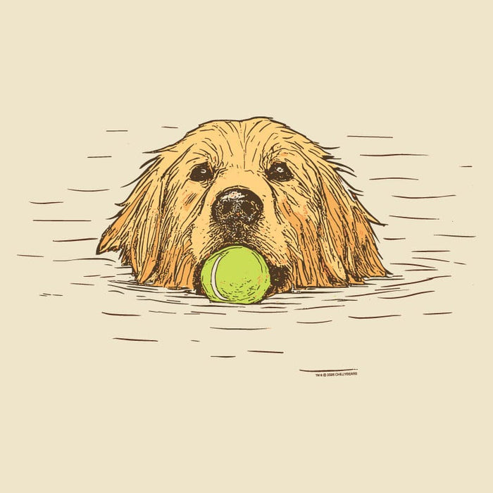 Illustration of a dog with a tennis ball in water