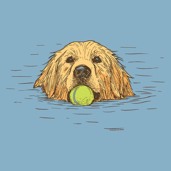 Illustration of a dog swimming with a tennis ball in its mouth on a blue background