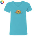 Blue t-shirt with a dog graphic holding a tennis ball on a white background