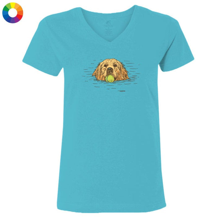Blue t-shirt with a dog graphic holding a tennis ball on a white background