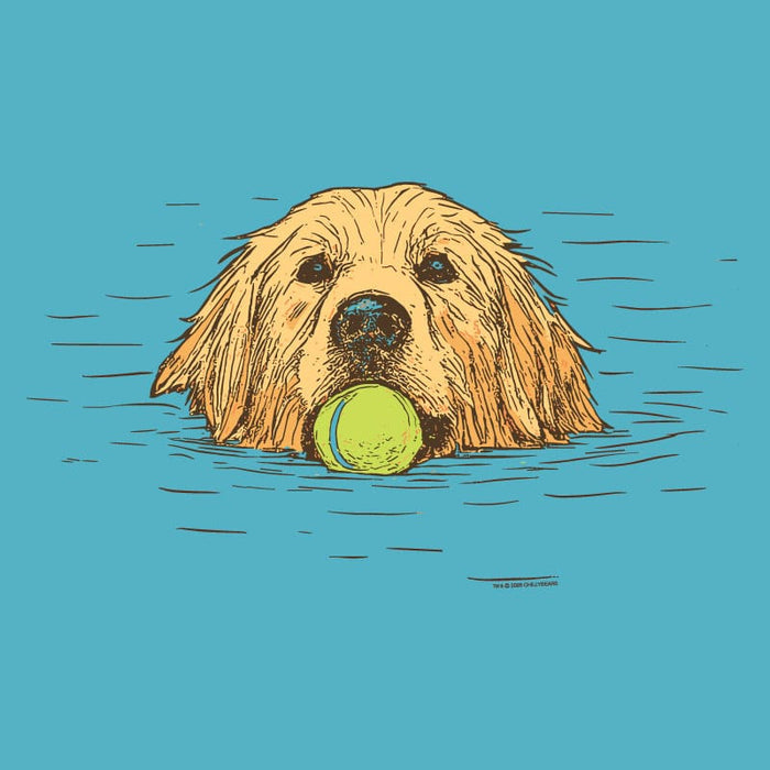 Illustration of a dog swimming with a ball in its mouth on a blue background