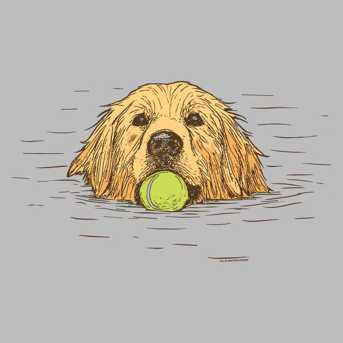 Illustration of a dog with a tennis ball in water