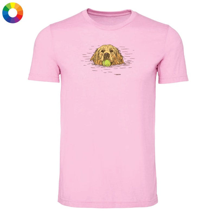 Pink t-shirt with a dog graphic and green ball on a white background