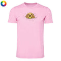 Pink t-shirt with a dog graphic and green ball on a white background